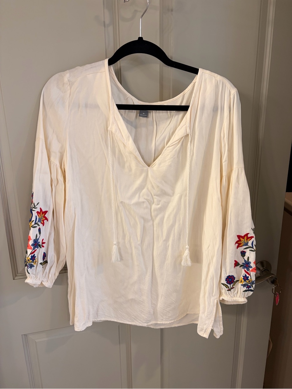 Old Navy Cream Peasant Blouse with Colorful Sleeve Embroidery
